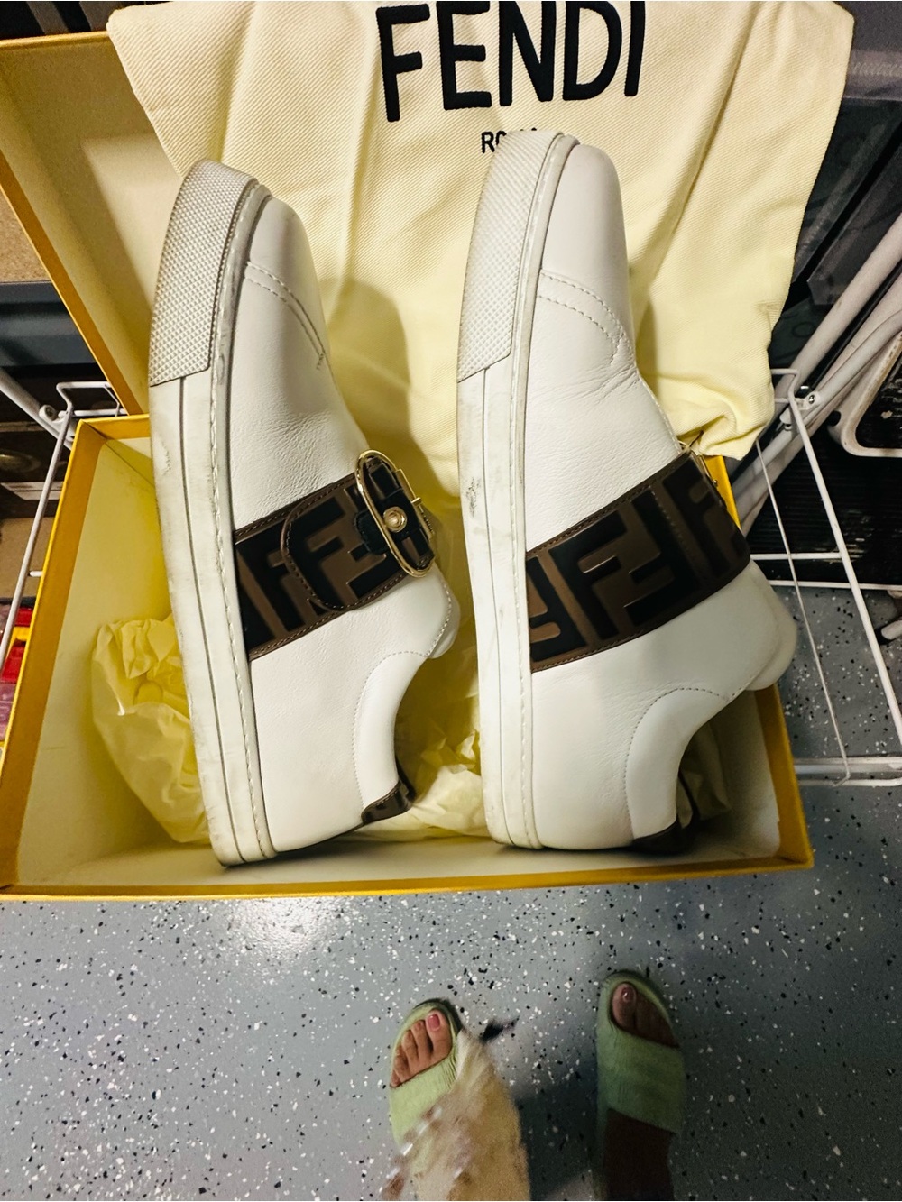 Women’s Fendi White Leather Slip-On Sneakers with Brown & Black FF Strap EU 40